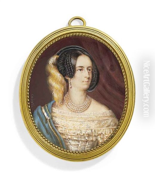 Princess Maria Anna Of Savoy, Empress Of Austria, In Frilled White Off-the-shoulders Dress, Gold-trimmed Blue Shawl Worn Over Right Shoulder - view 1