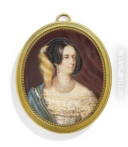 Princess Maria Anna Of Savoy, Empress Of Austria, In Frilled White Off-the-shoulders Dress, Gold-trimmed Blue Shawl Worn Over Right Shoulder by Johann Baptist Goestl