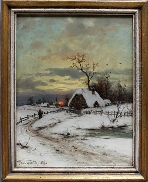 Winterlandschaft Mit Dorfansicht In Der Abendrote - view 1