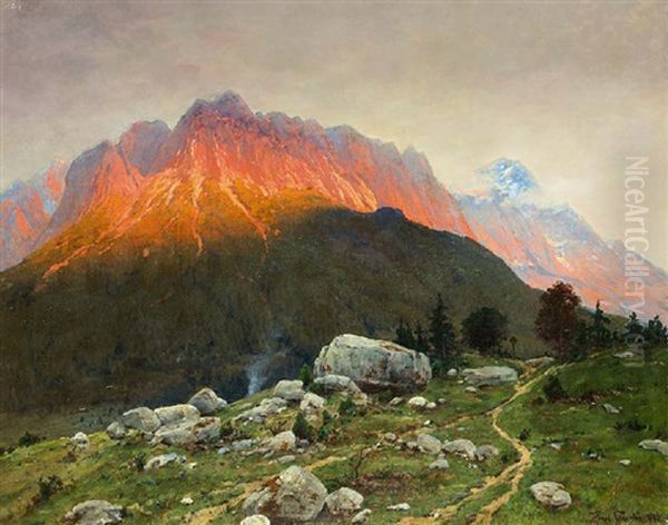 Bergpanorama Mit Almwiesen Im Abendrot - view 1