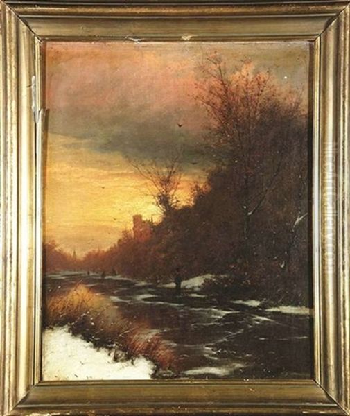 Abenddammerung Uber Winterlicher Landschaft Mit Schlittschuhlaufern Auf Einem Zugefrorenen Fluss - view 1
