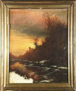 Abenddammerung Uber Winterlicher Landschaft Mit Schlittschuhlaufern Auf Einem Zugefrorenen Fluss