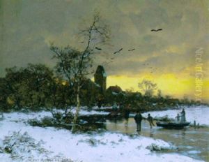 Winterlandschaft Mit Schlittschuhlaufern Und Spaziergangern
