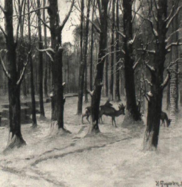 Verschneiter Winterwald Mit Rotwild - view 1