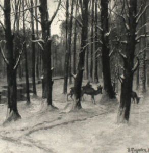 Verschneiter Winterwald Mit Rotwild by Heinrich Gogarten