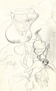Couple Walking And Still Life: Can, Books, Wineglass, Bread And Arum - Recto Sketch Of Two Women - Verso