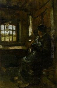 Interior With Peasant Woman Sewing by Vincent Van Gogh