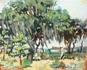 Outdoor Southern Scene With Spanish Moss Covered Trees by Anne Wilson Goldthwaite