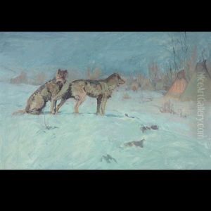Wolves Stalking Indian Encampment by Elling William Gollings