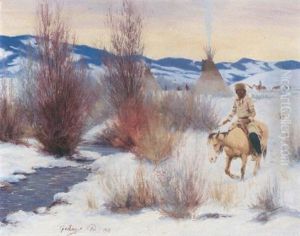 A Winter Landscape With An American Indian On Horseback by Elling William Gollings