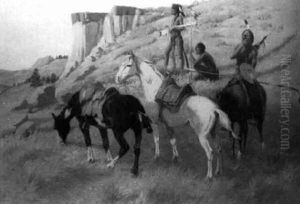 Three Standing Indians With Their Ponies by Elling William Gollings