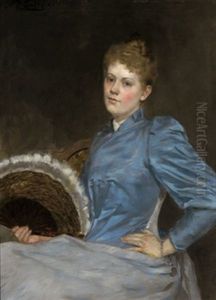 Dame Der Gesellschaft In Blauem Kleid Mit Facher by Alexander Demetrius Goltz