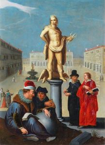 Figures In A Piazza Before A Statue Of Neptune by Goltzius Hendrick