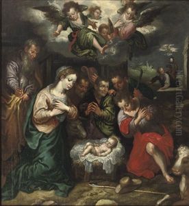 The Adoration Of The Shepherds With The Annunciation by Goltzius Hendrick