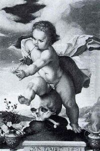 A Vanitas: A Putto Stepping On A Skull, Blowing Bubbles, A Landscape Beyond, Flowers In A Vase And Smoking Urn On Ledge by Goltzius Hendrick