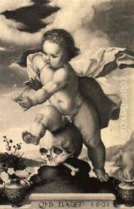 A Vanitas Painting: A Putto Stepping On A Skull While Blowing Bubbles by Goltzius Hendrick