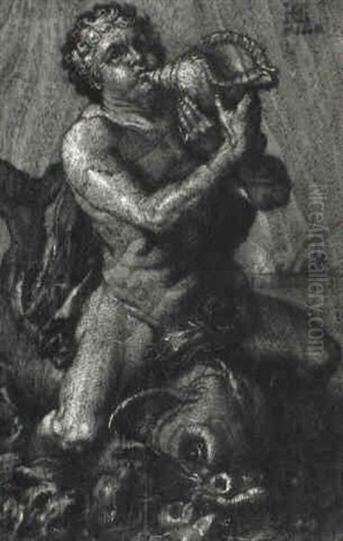 Satyre Soufflant Dans Une Conque Et Chevauchant Un Dauphin - view 1