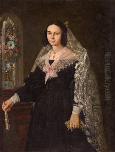 Retrato De Dama Con Mantilla Y Abanico Junto A Un Fanal De Flores - view 1