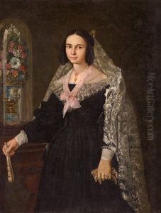 Retrato De Dama Con Mantilla Y Abanico Junto A Un Fanal De Flores