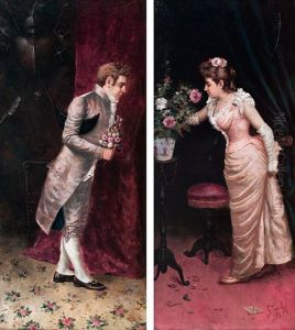 Joven Cortejada Con Flores Y Joven Cortejando Con Ramillete (pair)