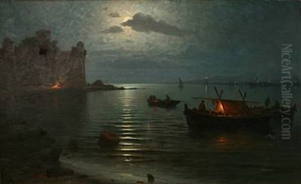 Coastal Scene From Malaga With A Castle Ruin And Fishermen - view 1