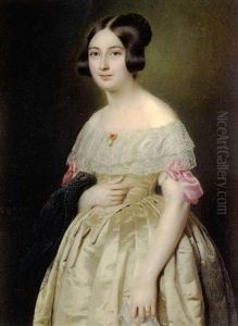 Madame Paul Gomien, Nee Bathilde Pernot, En Robe De Satin Ivoire, Borde De Dentelle, Noud Rose Et Bijou De Corsage, Tenant Un Chale De Gaze Noir D'une Main