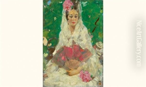 Portrait D'elegante A L'eventail Rose - view 1