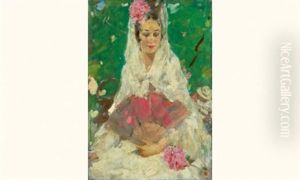 Portrait D'elegante A L'eventail Rose by Jacques Fernand Gonin