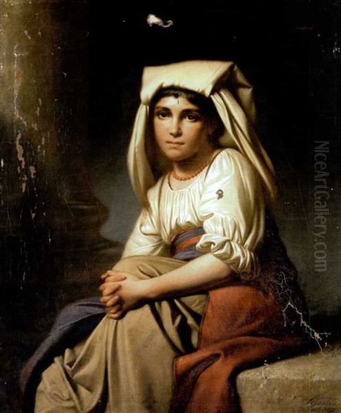 Portrait Mit Genrehaften Zugen Eines Jungen Italienischen Madchens In Tracht, Das Auf Einem Steinpodest Sitzt - view 1