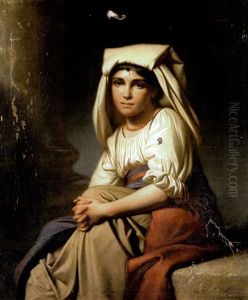 Portrait Mit Genrehaften Zugen Eines Jungen Italienischen Madchens In Tracht, Das Auf Einem Steinpodest Sitzt