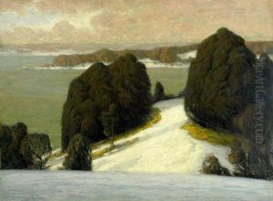 Blick Von Einer Schneebeckten Anhohe Auf Eine Sudlandische Bucht Im Abendrot by Rudolf Gonner