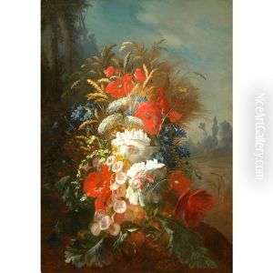 Still Life Of Flowers In A Landscape by Clement Gontier