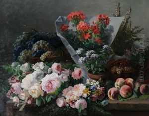Still Life Of Flowers And Fruit by Clement Gontier