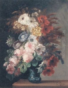 A Vase Of Summer Flowers On A Ledge by Clement Gontier