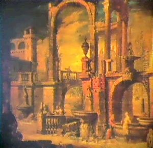 Architectural Capriccio With Christ And The Woman Of Samaria by Pietro Gonzaga