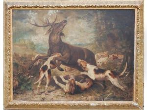 Scene De Chasse Au Cerf Avec Chiens
