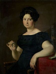 Retrato De Dna. Manuela Gonzalez Velazquez Y Diaz Jimenez, Sentada Junto A Una Mesa, Sosteniendo Una Miniatura En Su Mano Derecha by Zacarias Gonzalez Velazquez