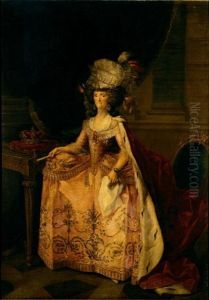 Portrait Of Maria Luisa Of Parma, Queen Of Spain, Full Length Standing, Wearing A Pink Dress And A Lace Bonnet
