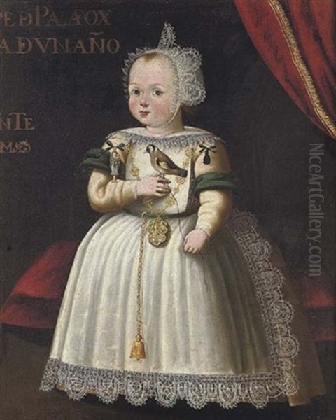 Portrait Of A Young Girl From The Palafox Family, Aged 1, In A White Dress Trimmed With Lace And Wearing A White Lace Bonnet, Holding A Bird - view 1