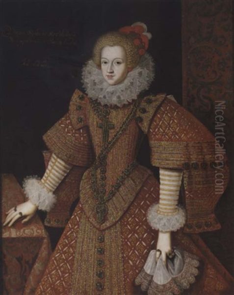 A Portrait Of A Lady Wearing An Embroidered Red Dress, With A White Ruff, Holding A Lace Handkerchief - view 1