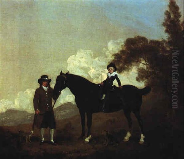 A Child On A Hunter Held By A Groom And Two Terriers In A Landscape - view 1