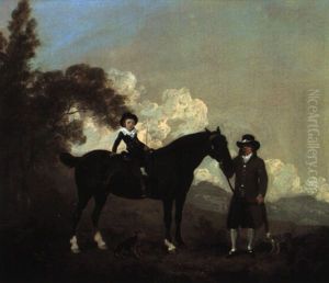 Child On Hunter Held By A Groom And Two Terriers In A Landscape