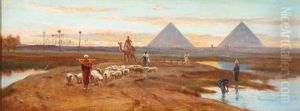 Herding Sheep Along The Nile At Dusk Near Pyramids by Frederick Goodall