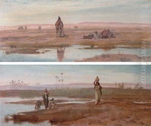 Bedouin Women Getting Water For The Camp In The Nile Valley (+ Figures With Camels Resting Beside A River; Pair)