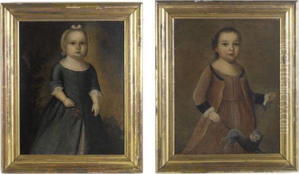 Little Girl In Green Dress Holding Cherries, A Little Boy Inrose-colored Costume Swinging A Cat: A Pair Of Portraits Of Thechildren Of The Thomas Dickman Family - view 1