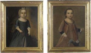 Little Girl In Green Dress Holding Cherries, A Little Boy Inrose-colored Costume Swinging A Cat: A Pair Of Portraits Of Thechildren Of The Thomas Dickman Family by Joseph Badger