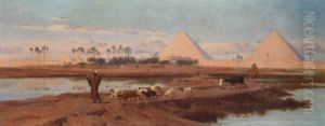 A Shepherd With His Flock Crossing The Nile by Frederick Goodall