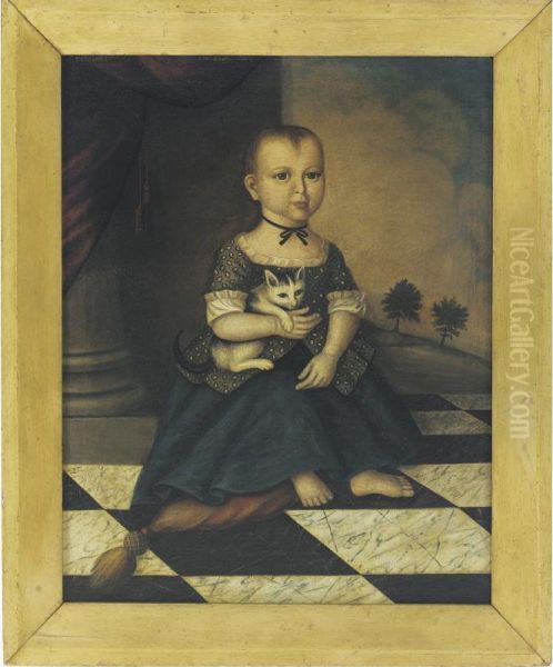 Portrait Of A Child Seated On A Marble Floor Holding A Cat - view 1
