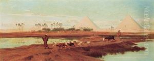 A Shepherd With His Flock Crossing The Nile, The Pyramids Beyond by Frederick Goodall
