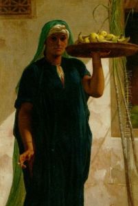 An Egyptian Woman Holding A Tray Of Bananas And Lemons